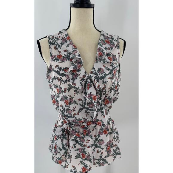 Max Studio White Ruffle Floral Wrap Top Tie Waist Blouse Sleeveless Small NWT - Picture 3 of 8